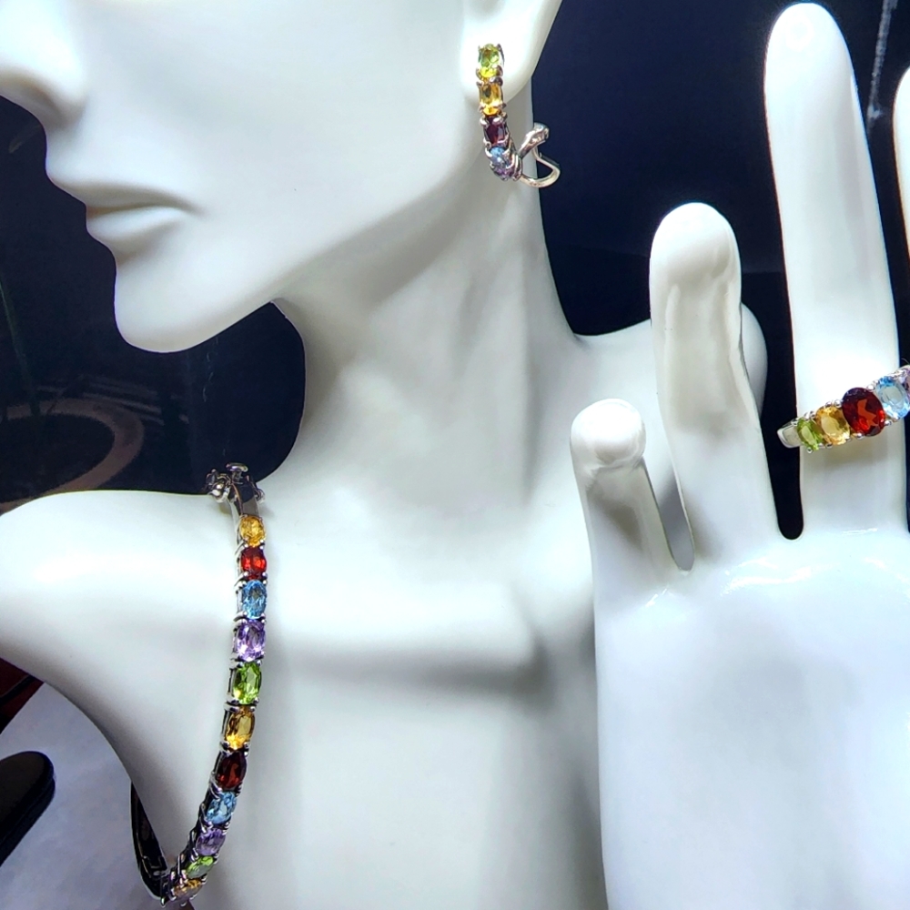 925 Sterling Silver Multi Color Gemstones Ring Bracelet and earrings set